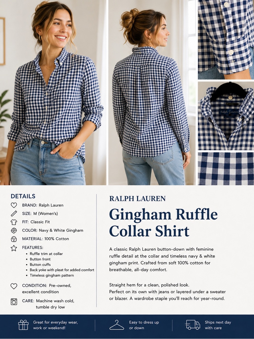 Ralph Lauren Navy and White Gingham Button-Down Shirt with Ruffle Collar